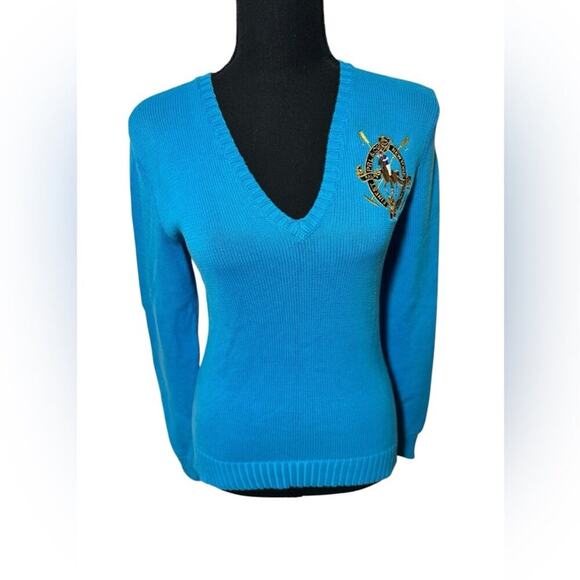 Ralph Lauren Sport‎ V Neck Teal Sweater with large crest on chest size medium - Picture 1 of 5
